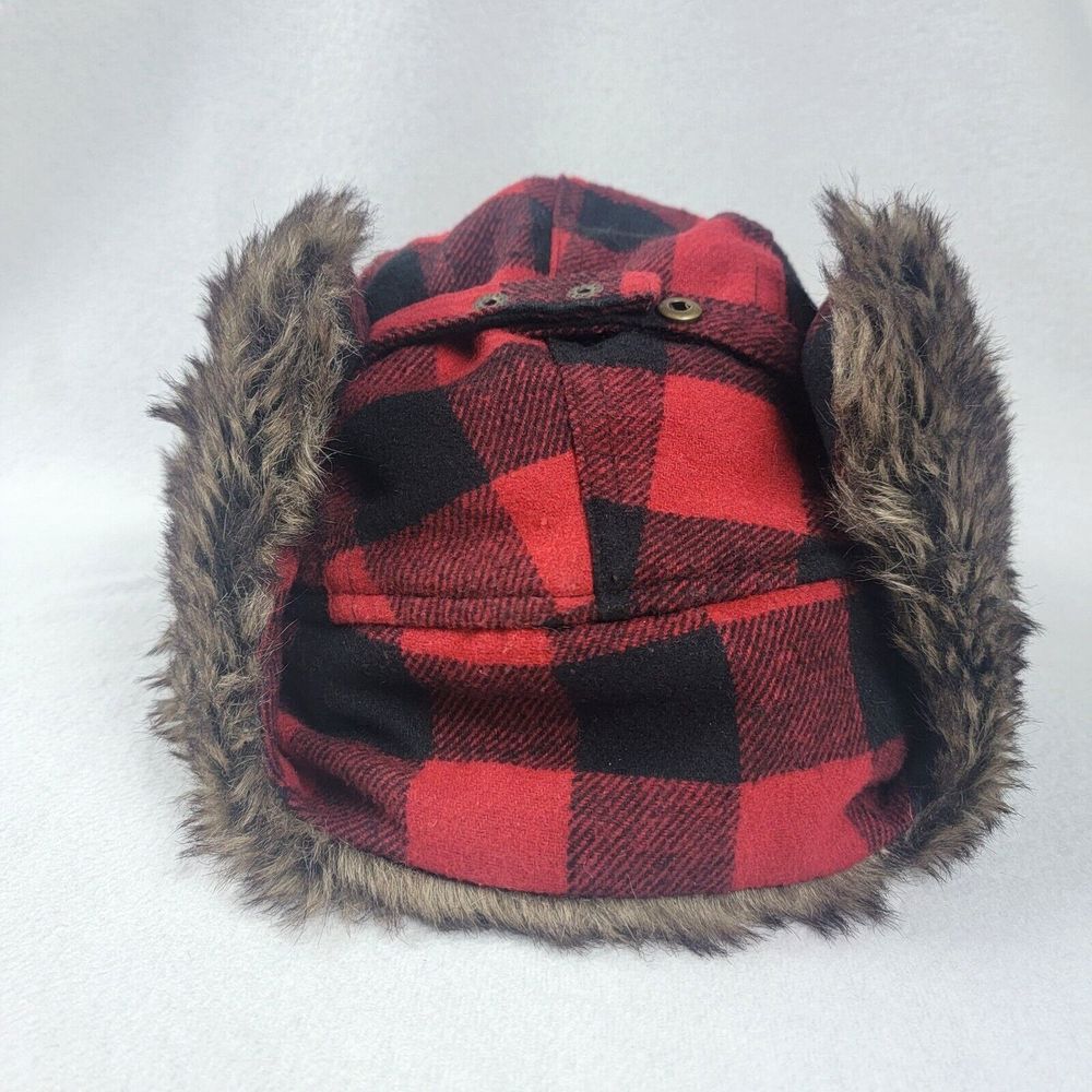 Swiss Tech Flannel Trapper Hat Winter Cap Red Plaid One Size Faux Fur Trim